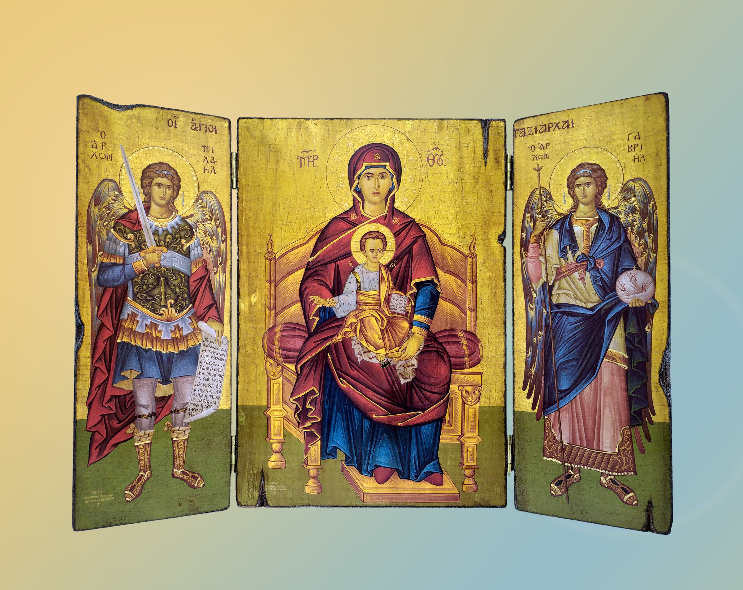三連祭壇画 正教会の宗教的イコン 玉座に座る聖母子と大天使、守護天使