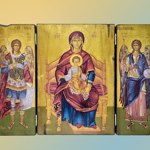 Triptych Orthodox Religious icon Enthroned Virgin and Child with Archangels, Guardian Angels Wooden Wall Hanging