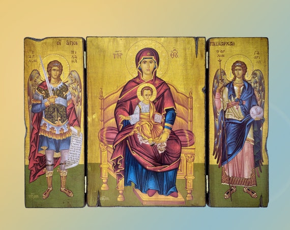 宗教画　イコン　自然石　アテネ 三連祭壇画 正教会の宗教的イコン 玉座に座る聖母子と大天使、守護天使