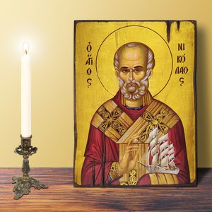 Sinterklaas met vat groot formaat 19 x 26 cm-7,48 x 10,24 Byzantijns Grieks-orthodoxe handgemaakte houten icoon Vaderdagcadeau voor grootvader
