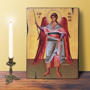 Archangel Raphael Icon LARGE 19x26cm-7.48x10.24in Byzantine Greek Orthodox Handcrafted Wooden Icon