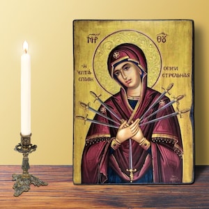 Virgin Seven Swords Icon LARGE 19x26cm-7.48x10.24in Byzantine Greek Orthodox Handcrafted Wooden Wall Hanging Icon Religious Wall Decor