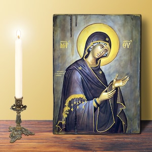 Ícono de la Virgen María (PEQUEÑO, 10 x 14 cm - 3,94 x 5,51 pulgadas), suplicante, icono de madera hecho a mano, bizantino, griego, ortodoxo, arte religioso de pared, nuevo regalo de oficina.