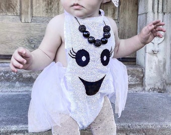HALLOWEEN Ghost Romper Costume - Baby, Toddler Halloween Sequin Ghost Costume - Ghost Halter Costume