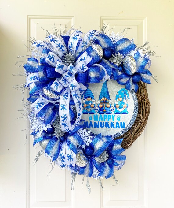 Hanukkah Wreath for Front Door Blue and Silver Wreath Deco