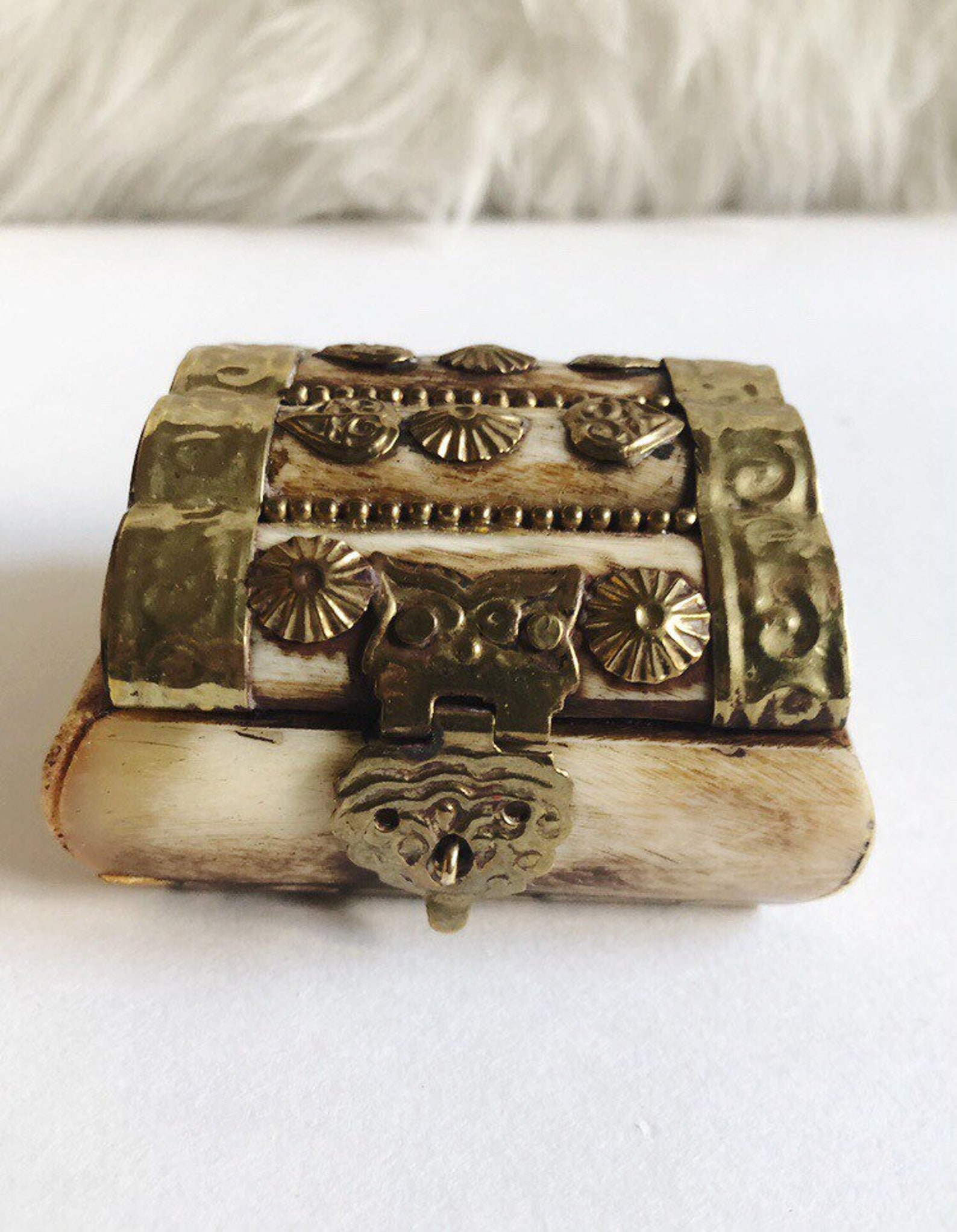 Vintage Bone and Brass Trinket Box . Stamped Brass and Carved Etsy
