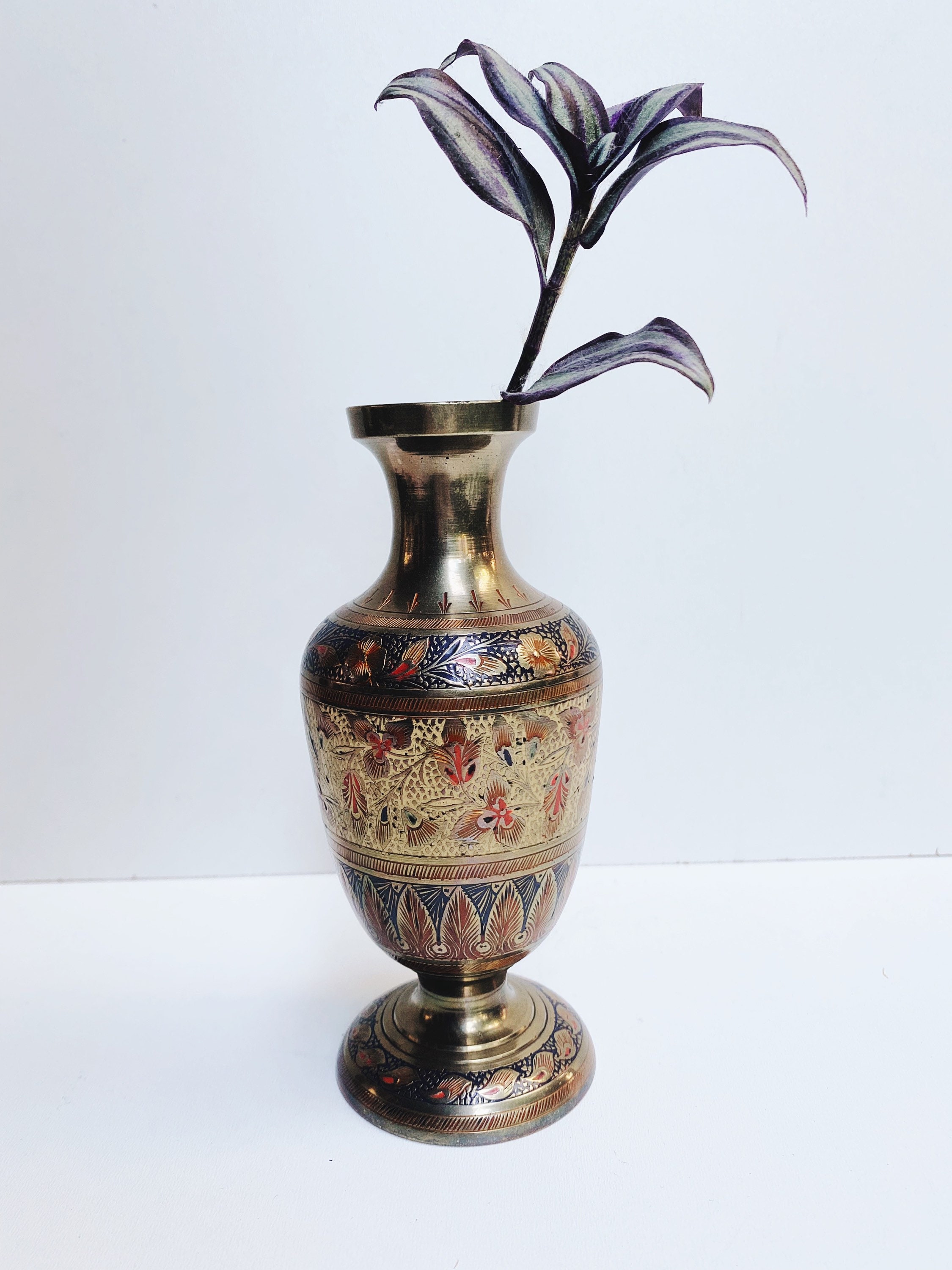 Vintage Enameled Brass India . Colourful Brass Detailed Vase Etsy