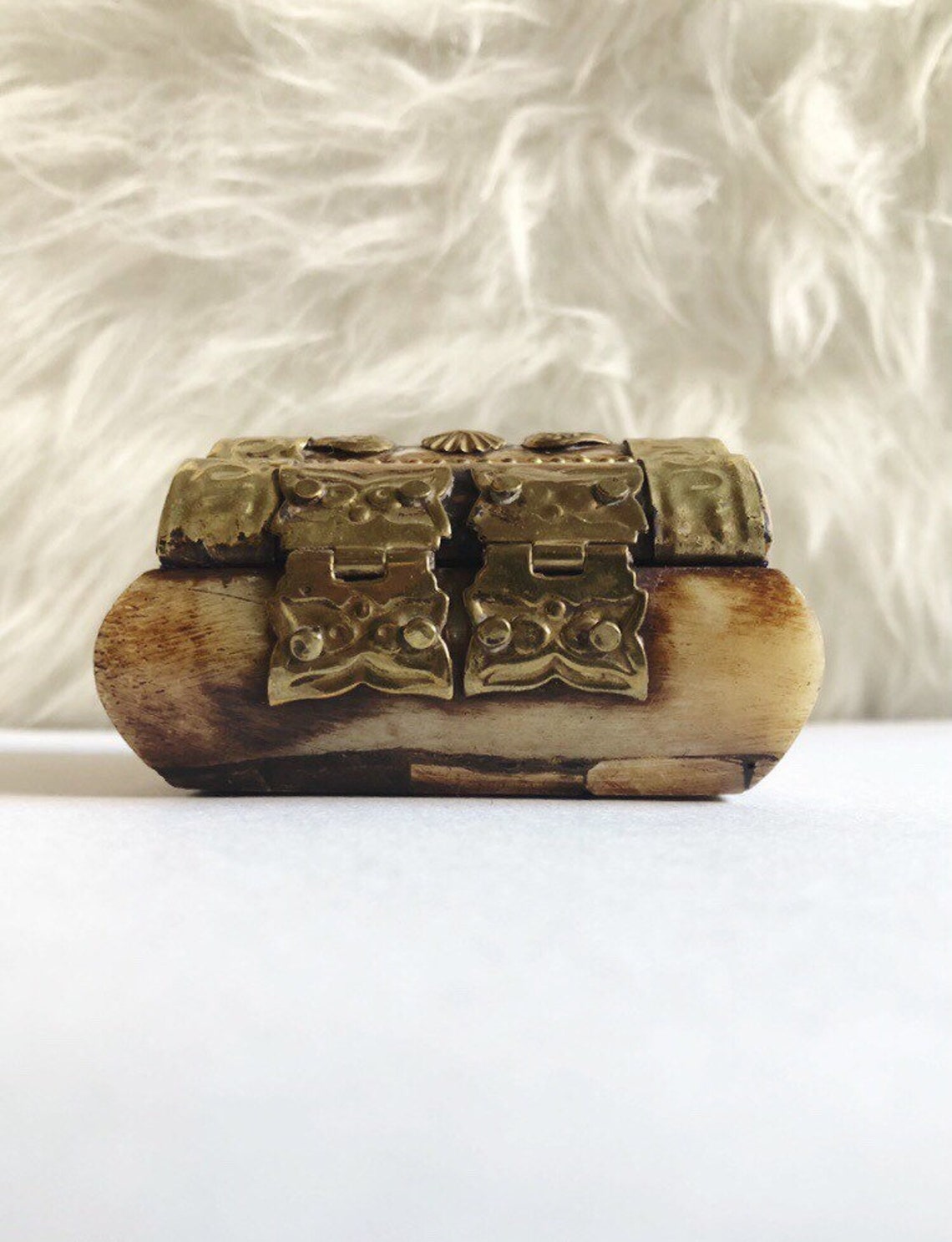 Vintage Bone and Brass Trinket Box . Stamped Brass and Carved Etsy