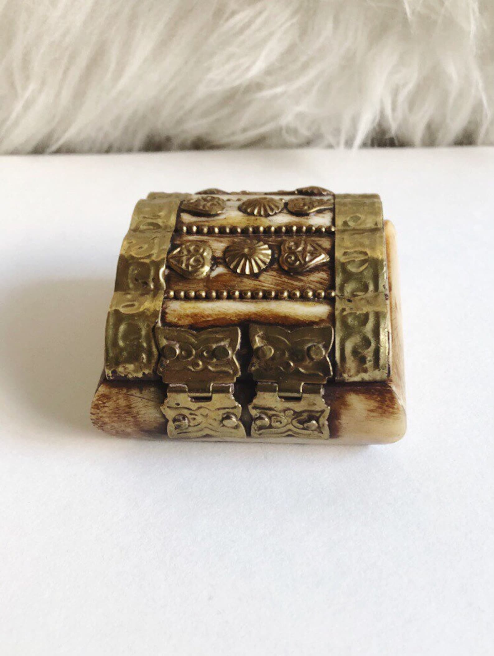 Vintage Bone and Brass Trinket Box . Stamped Brass and Carved Etsy