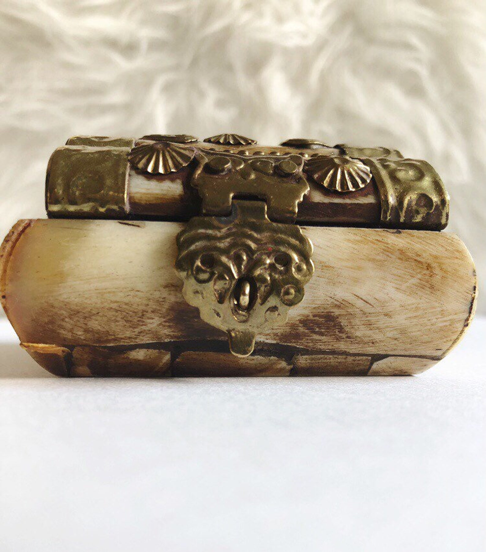 Vintage Bone and Brass Trinket Box . Stamped Brass and Carved Etsy