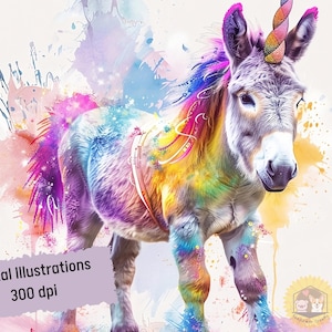 May include: A colourful digital illustration of a donkey with a rainbow mane and a sparkly unicorn horn. The donkey is standing on a white background with watercolour splatters.