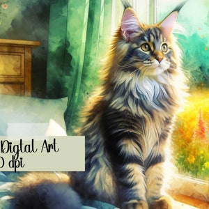 Illustration de maine coon, aquarelle d'art numérique de maine coon, illustration de maine coon avec des fleurs, png de chat, fabrication de cartes