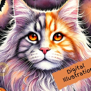 Maine coon d'Halloween, Art numérique de chat, Illustration aquarelle de chat, Maine Coon Png, Cartes d'art, Fabrication de cartes, Scrapbooking, Amoureux des chats