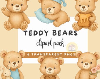 Teddy Bär Clipart: Aquarell PNG Grafik (digitaler Download)