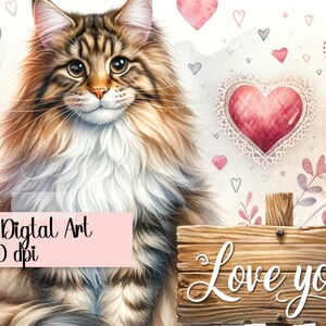 Maine Coon Illustration, Maine Coon Digital Art, Cat Illustration, Cat I love You Png, Digital Art, Cat Art, Card Art, Card Making
