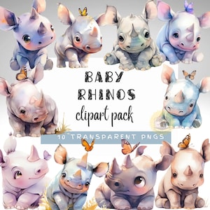 Clipart bébé rhinocéros, mignon rhinocéros PNG, rhinocéros aquarelle, clipart animaux de la jungle, clipart baby shower, bébé rhinocéros, fabrication de cartes, scrapbooking