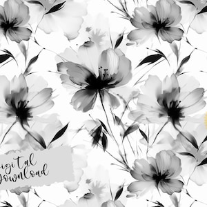 Schwarzweißes Blumenmuster, nahtloses Blumenmuster, Blumenkartenkunst, Blumenmuster, Blumentapete, digitaler Download, Alkoholtinte
