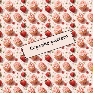 Cupcake Pattern, Cupcake Digital Paper, Card Art, Strawberry Cupcake Pattern, Card Making, Scrapbooking, Cute Cupcake Pattern
