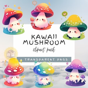 Imágenes prediseñadas de hongos kawaii, hongos lindos, hongos PNG, imágenes prediseñadas de guardería, arte estacionario, creación de tarjetas, álbumes de recortes, arte con tarjetas, paquete de imágenes prediseñadas
