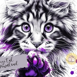 Art numérique de chat, illustration de chat, Maine coon png, art animalier, art de la chambre d'enfant, art pour chambre d'enfant, cartes d'art chat, illustration d'animaux