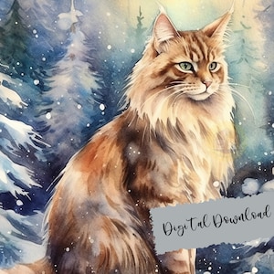 Maine coon enneigé, maine coon aquarelle art numérique, maine coon hivernal, illustration de chat, maine coon png, art numérique chat, imprimable