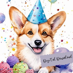 Anniversaire Corgi, Art numérique Corgi aquarelle, Corgi mignon, Illustration Corgi, Corgi png, Art numérique chien, Anniversaire Corgi png, Chien imprimable
