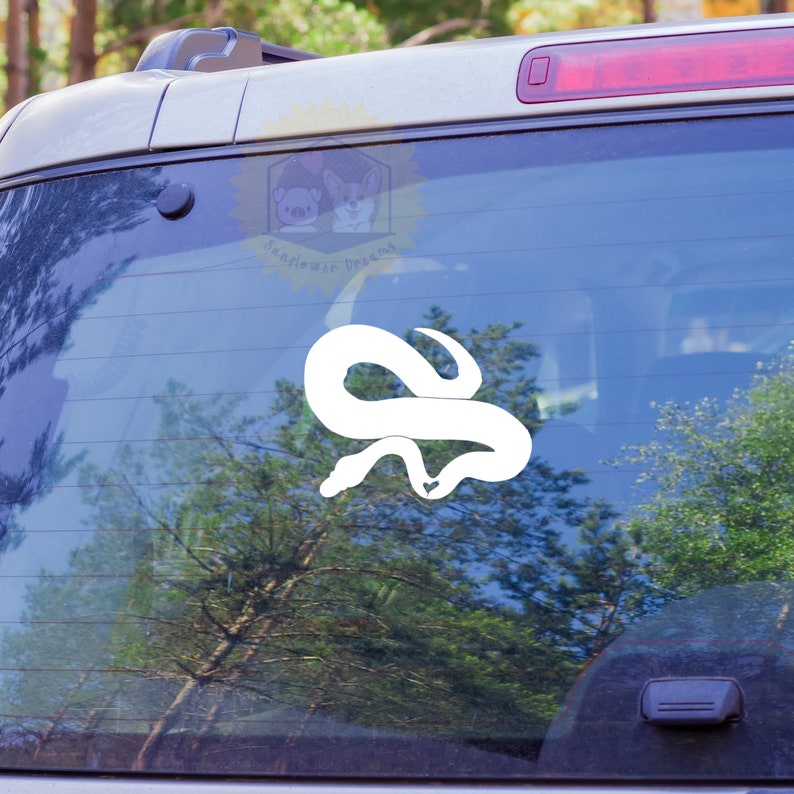 以下が含まれることがあります： 車の窓に巻き付いたヘビの白いビニールステッカー。ステッカーは銀色の車のリアウィンドウにあります。