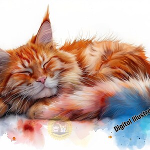 Digital Watercolor Maine Coon Illustration, Watercolor Cat Print, Pet Lover Gift, Card Making, Scrapbooking, Cat Art, Watercolor Animal Art