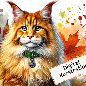 Illustration Automne Maine coon, Art numérique de chat, Illustration de chat, Maine Coon PNG, Cartes d'art, Fabrication de cartes, Scrapbooking, Automne, Amoureux des chats