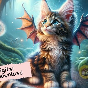 Illustration de dragon Maine Coon, illustration fantastique, chat Png, art pour chambre d'enfant, téléchargement numérique de chat, art de carte de chat, fabrication de cartes, scrapbooking