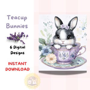 Teetasse Hase Illustrationen, Pastell Kaninchen Kinderzimmer Dekor, Floral Hase Digital Download, Baby Girl Raum Kunst, Karte, Kaninchen-Liebhaber-Geschenk