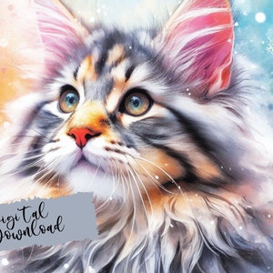 Illustration de Maine Coon, téléchargement numérique de Maine Coon, Maine Coon Png, image de carte de chat, maine coon aquarelle