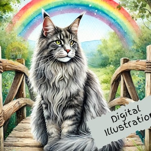 Pont maine coon arc-en-ciel, téléchargement numérique de chat, Maine Coon Png, image de carte de chat, maine coon aquarelle, illustration de chat, art numérique de chat