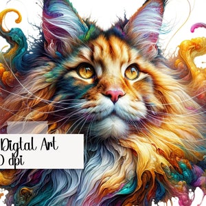 Maine Coon Illustration, Katze Digital Art, Katzen Illustration, Katze Png, Digitale Kunst, Katzenkunst, Kartenkunst, Kartenherstellung, Scrapbooking, Alcohol Ink