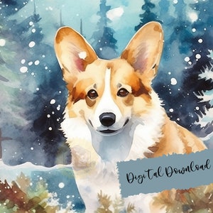 Corgi de nieve, arte digital de Corgi en acuarela, Corgi de invierno, ilustración de Corgi, Corgi png, arte digital de perro, Corgi lindo png, perro imprimible