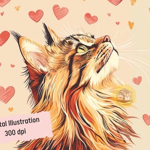 Valentinstag Maine Coon Kartenillustration, Katze Digital Art, Katzen Png, digitale Kunst, Katzenkunst, Kartenkunst, Kartenherstellung, Scrapbooking, Katzenliebhaber