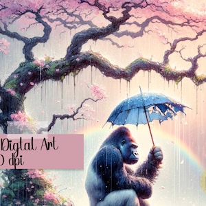 Watercolor Gorilla Art Print: Rainy Day Illustration (Digital Download)