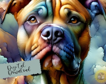 Pitbull Alcohol Ink Illustration: Hund Digital Art (Digitaler Download)