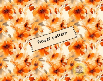 オレンジ色の花柄：アルコールインクの花柄デジタルペーパー（PNG）