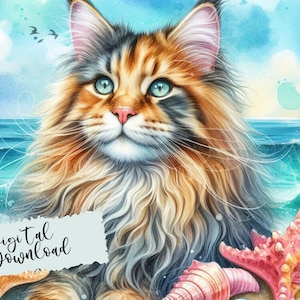 Maine Coon Illustration, Digitaler Download von Maine Coon, Png Katze, Aquarell Maine Coon, Katzen Illustration