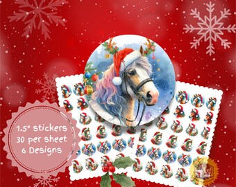 Watercolor Christmas Horse Stickers: Holiday Card Seals (30 per sheet)