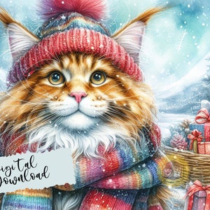 Maine Coon-illustratie, Maine Coon digitale download, Maine Coon png, afbeelding kattenkaart, aquarel Maine Coon, kattenillustratie