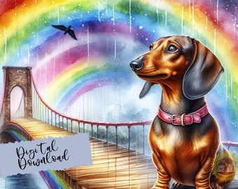 水彩ダックスフントのレインボーブリッジアート（デジタルダウンロード）