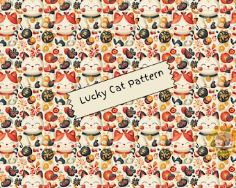 Op de afbeelding: Een naadloos patroon met een herhalend ontwerp van gelukkatten, bloemen en andere geluksbrengers in een rood, oranje, geel en zwart kleurenschema. De tekst "Lucky Cat Pattern" is zichtbaar op een wit label.