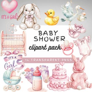 Watercolor Baby Girl Clipart: Pink Baby Shower Graphics (Digital Download)