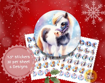 Mini Horse Christmas Stickers, Holiday Mail Labels (30 per sheet)