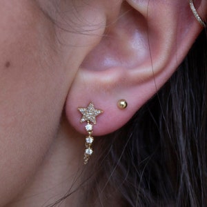 Diamond Star Earring 14k Gold Chain Earring Star Stud Gold Gift For Her Anniversary Gift For Her Birthday Gift Idea Dainty Diamond Jewelry