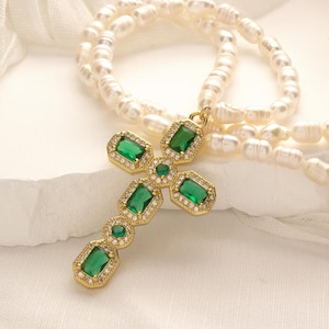 Gemstone Cross Pearl Necklace Baroque Cross Necklace Adjustable Emerald Cross Pendant Birthday Gift Gold Statement Jewelry Gift For Mom