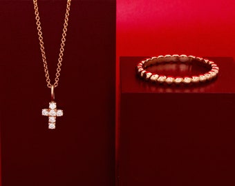 Diamant Kreuz Halskette Mini Diamant Kreuz Charme 14k Rose Gold Charm Halskette Geschenk für Geburtstag Stapeln Halskette 14K Geschenk für Freundin