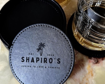 Engraved Coaster Set Corporate Gifts Logo Office Gifts Custom Branded Corporate Leather Coaster Custom Engraved Coasters Black Leather Decor